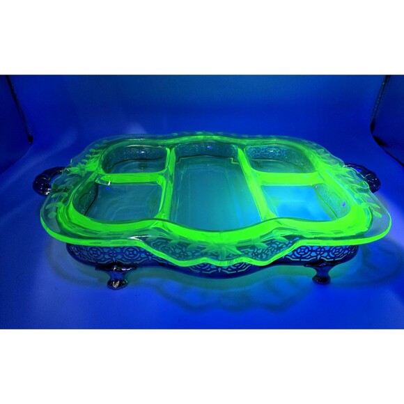 Cambridge Etched Green Uranium Glass 5-part Relish Serving Dish W/Ornate Stand - Picture 1 of 16